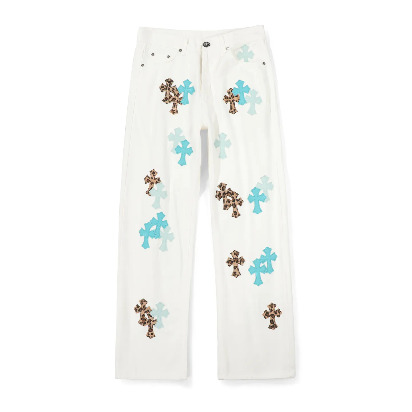 P250 Chrome Hearts 25SS white pants with three-color leopard print blue leather jeans. Chrome Hearts’ pants with the most popular colors are made of beaded canvas fabric. Heavy washing makes the upper body of the fabric more textured and the pants are tall and straight! The three-dimensional cutting of the whole trousers is a masterpiece! The hardware is customized by zp. The beaded canvas fabric is thick and soft after being washed. It has good breathability. Customized small leather label. Unique design. The details are simple and elegant, and the workmanship is exquisite. The whole trousers are neatly routed and the details are in place! It’s so cool that both men and women can easily control the genderless trend! Size: 28/30/32/34 Waist: 73/78/83/88 Sitting: 99/104/109/114 Pants length: 102/104/106/108